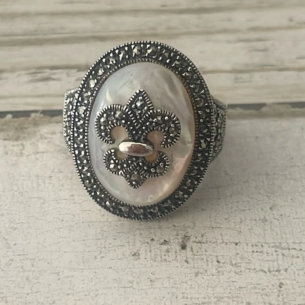 Dallas Prince Mother of Pearl Marcasite Fleur De Lis Statement Ring